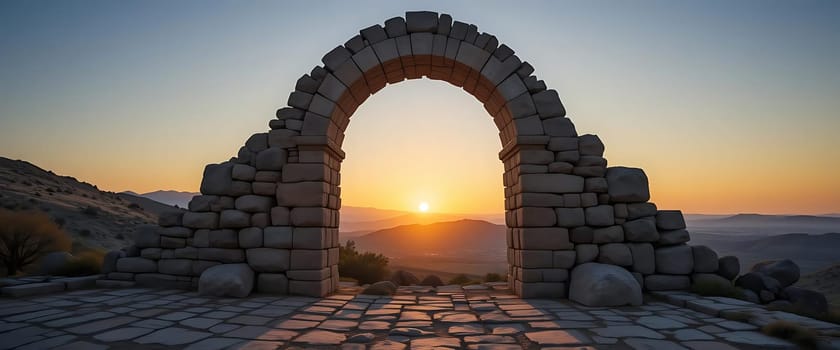 As the sun sets, an ancient stone arch frames a fiery sky. The air is still, heavy with the whispers of time. Solitude and reverence fill the space, as the warm hues of twilight caress weathered stones, evoking a sense of eternal peace.