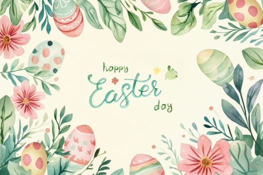 Hand-painted watercolor easter greeting card template featuring colorful eggs, delicate flowers, and green leaves surrounding a blank text area. soft pastel hues create a serene, artistic appearance, ideal for holiday designs and prints.