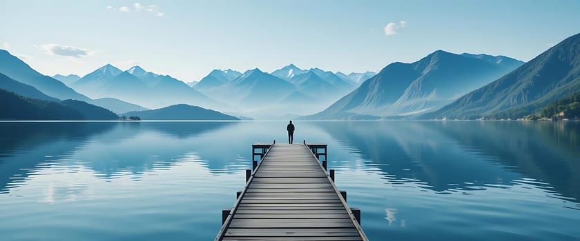 Serene silence wraps around the lone figure on the dock, as mist-kissed mountains mirror in the still, glassy lake. Solitude and peace embrace the heart, inviting introspection beneath the vast, tranquil sky.