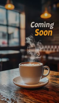 Premium coffee cup on a polished wooden table emits steam forming words "coming soon." set in a warmly lit cafe, this inviting scene combines comfort and anticipation, perfect for promotional designs, posters, or cafe branding.
