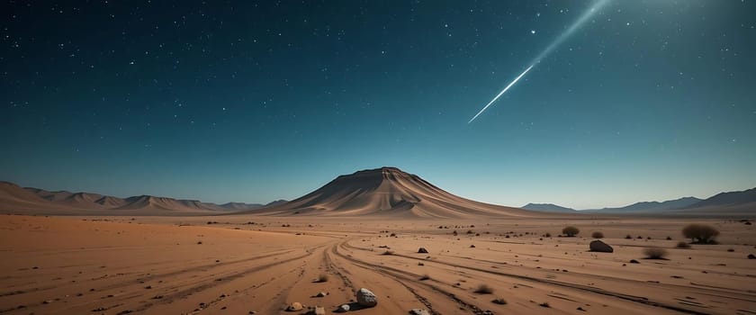 Under a starry, infinite sky, a meteor streaks above the silent desert. The sand whispers secrets, dunes loom like ancient sentinels. Solitude and awe intertwine, as the universe breathes life into the night.