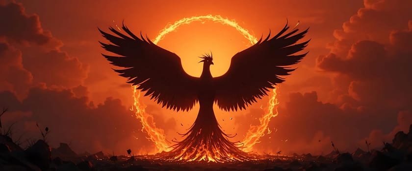 A fiery phoenix rebirths amidst crimson skies, its wings spread in defiant triumph. Flames dance, echoing resilience and hope. Darkness retreats as embers of renewal ignite the soul.