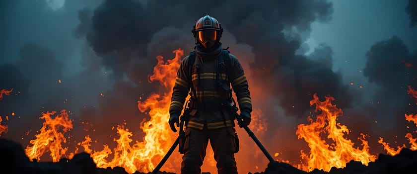 Flames dance wildly, smoke choking the air. A lone firefighter, faceless behind a mask, stands defiant against the inferno. Courage burns brighter than the blaze, a beacon amidst chaos. Fear and bravery intertwine in this fiery ballet of life and death.