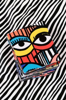 Bold, high-contrast stickers with geometric patterns and vibrant colors rest on a dynamic black and white striped background. perfect for artistic ventures, print designs, or modern decor, the composition exudes creativity and energy.