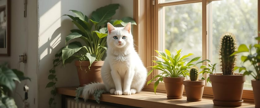 Bathed in golden sunlight, a serene white cat perches amidst a lush indoor jungle, teeming with vibrant greenery. The tranquil scene exudes warmth and contentment, as if nature itself has found a peaceful sanctuary within this cozy window nook.