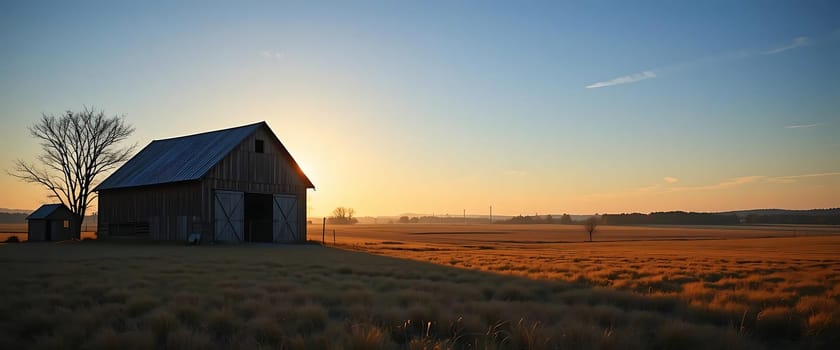 In the quietude of twilight, a weathered barn stands sentinel over golden fields. The sun's gentle kiss warms the landscape, as whispers of a fading day linger in the cool, crisp air. A sense of tranquility and nostalgia embraces the heart.