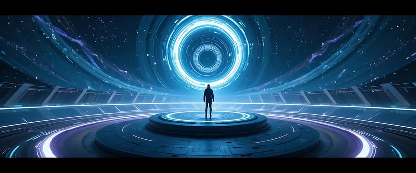 In a cosmic cathedral of light, a lone figure stands before a portal to the unknown. Echoing silence, pulsating rings, and ethereal blue glow ignite awe and anticipation. The universe whispers ancient secrets, beckoning the brave to step into mystery.