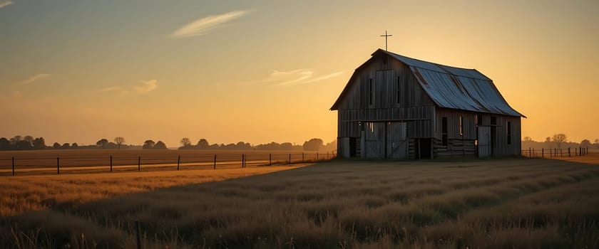 A weathered barn stands alone in the twilight, its silhouette a testament to enduring solitude. The fading sun paints the sky with hues of melancholy and hope, as the rustling fields whisper tales of time. Loneliness and tranquility intertwine, evoking a profound sense of quiet resilience.