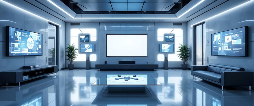 In the cool, futuristic glow, a sleek lounge unfolds. Shadows dance across polished floors, reflecting digital screens alive with information. Soft, ambient light hums, as if whispering secrets of tomorrow. The air is crisp, charged with anticipation. It's a sanctuary of innovation, where the future feels tantalizingly close.