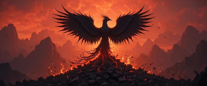 A fiery phoenix rises from ashes, wings spread wide against a smoldering sunset. Ember-red skies burn with resilience and defiance, echoing a symphony of rebirth amidst charred ruins. Hope ignites in the heart of desolation.