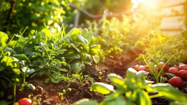 Lush garden scene showcasing a variety of vegetables and herbs basking in warm morning sunlight. the vibrant greenery and ripe produce illustrate the benefits of a natural, healthy lifestyle, sustainable living and organic gardening.