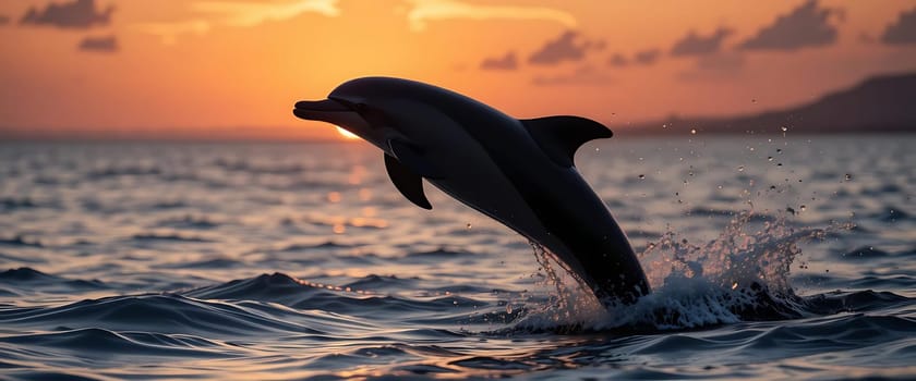 A dolphin leaps into a sunset-kissed sea, splashing freedom and joy. The golden sky whispers tranquility, as waves dance in the fading light. Pure serenity.