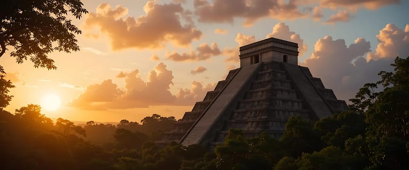 As the sun dips, golden rays pierce the lush canopy, casting mystic shadows on the ancient pyramid. A sense of awe and reverence stirs, whispers of history echoing through the serene, timeless landscape.