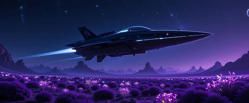 Gliding through the starlit night, a sleek spaceship soars over an alien landscape, its thrusters whispering secrets to neon flora below. Mystery and wonder intertwine in the cosmic silence.
