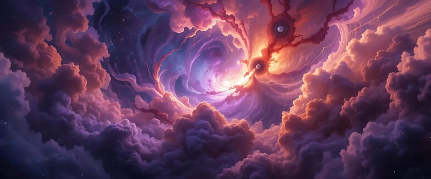 Swirling cosmic clouds, fiery and serene, dance in the silent expanse. Whispers of starlight pierce the twilight, evoking awe and mystery. A celestial ballet stirs a yearning for the infinite.