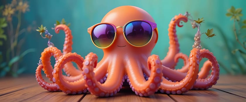 In a dreamlike undersea garden, an orange octopus with a cheeky grin and stylish sunglasses lounges playfully. Sun-dappled waters and blooming flowers create a whimsical, carefree vibe, evoking joy and wonder.