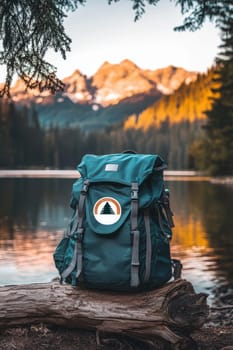 Minimalist logo design sticker showcased on a water-resistant backpack, placed on a tree stump amidst a serene forest. the scene highlights adventurous branding, suitable for use in promotional outdoor-themed content and merchandise.