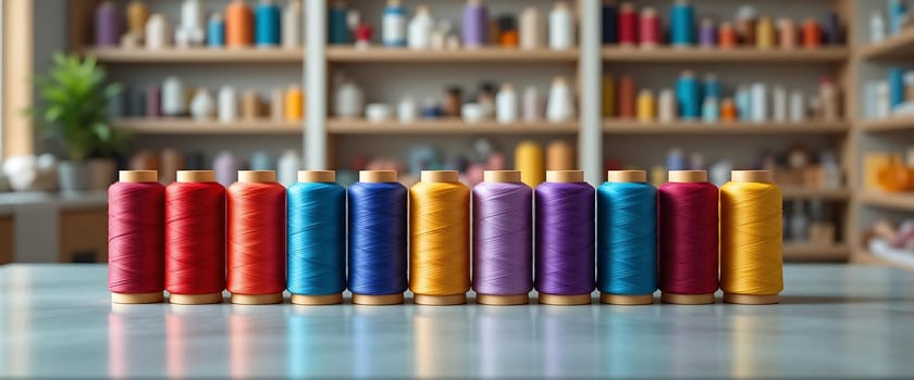 In a creative sanctuary, vibrant thread spools stand like sentinels of inspiration. The air hums with potential, each color singing its own melody of creativity, while the blurred backdrop whispers tales of endless craftsmanship.