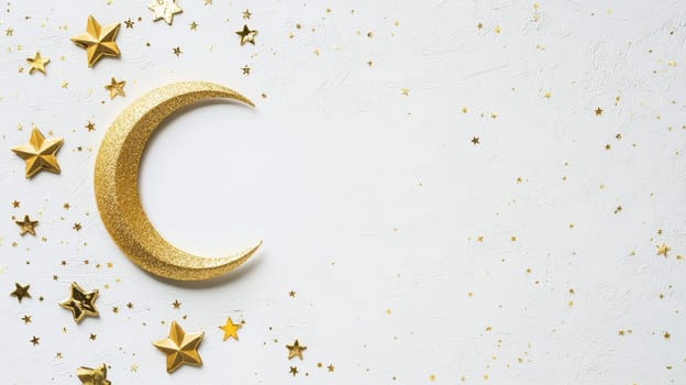 A minimalist eid greeting card template featuring a white background adorned with golden crescent moon and star accents. the elegant design includes a blank space for personal messages, making it perfect for eid celebrations and festive greetings.