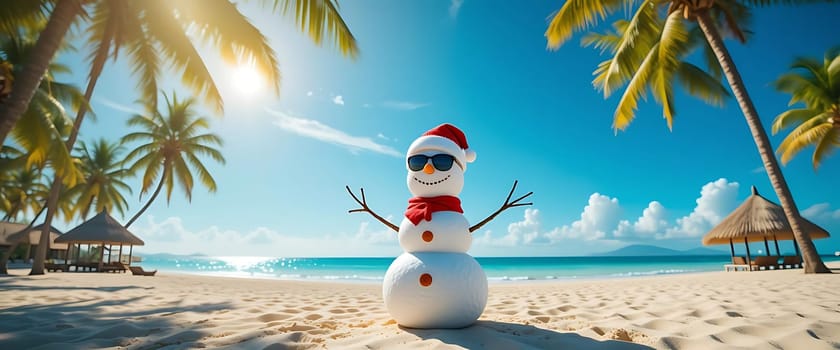 Sun-kissed sands meet turquoise waves as a cheerful snowman grins beneath palm trees. Warmth and festive joy blend in this tropical Christmas dream, inviting laughter and holiday magic under a brilliant sky.