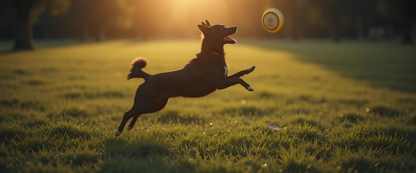 In the golden glow of a setting sun, a joyous dog leaps, chasing a frisbee. Freedom and pure happiness dance in the grass, as time stands still in this fleeting, magical moment.