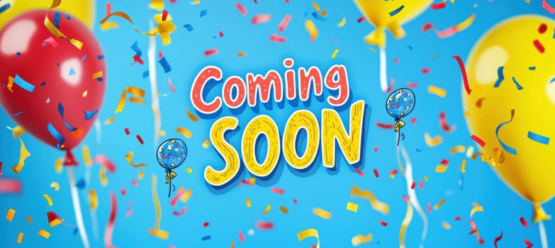 Bright and lively banner designed for a children's product launch, featuring vibrant blue, yellow, and red tones. the scene is enriched with playful illustrations of balloons and confetti, creating a joyful and festive atmosphere.