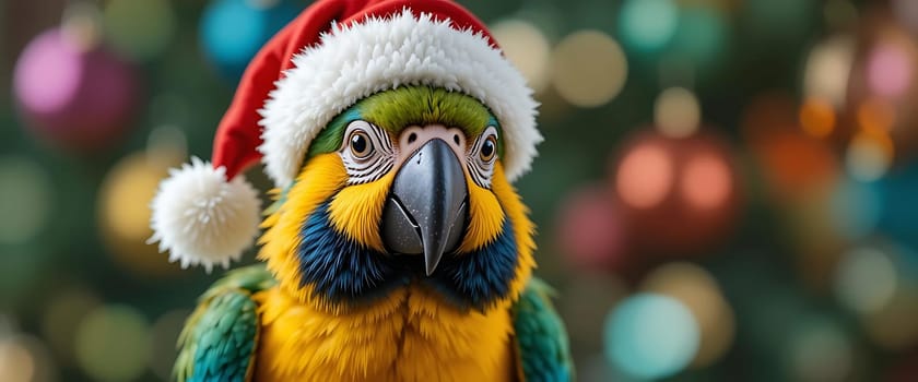 A vivid parrot, adorned in a festive Santa hat, stands out against a backdrop of glowing, multi-colored ornaments. The scene exudes warmth and holiday cheer, invoking a sense of wonder and delight. The bird's bright feathers and inquisitive gaze evoke joy and curiosity, capturing the magic of the season.