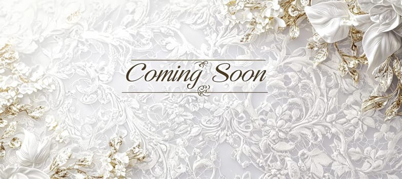 Luxurious wedding event banner featuring soft white and gold tones, intricate lace patterns, and elegant floral elements. serif fonts add sophistication, perfect for invitations, announcements, and event promotions. ideal for print or digital use.