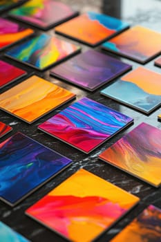 Vibrant square stickers with colorful branding designs are artfully arranged on a marble countertop. soft lighting highlights the vivid, polished presentation, perfect for showcasing creative branding, print design, or marketing concepts.