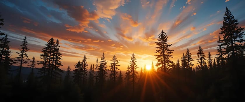 Sunset whispers through the pines, painting the sky with fiery hues. Golden rays pierce the silhouetted forest, evoking a tranquil, yet awestruck, reverence for nature's quiet majesty.