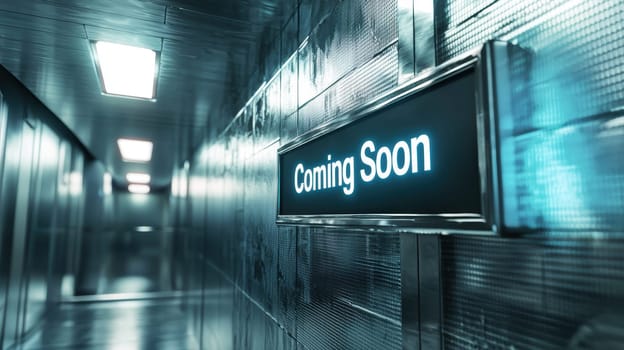 A futuristic glowing "coming soon" sign hovers in a sleek, metallic setting. the reflective surfaces and ambient lighting create a cutting-edge, high-tech atmosphere, ideal for innovative designs and modern concepts.