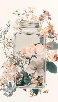 A rectangular sticker with soft pastel tones and elegant typography adorns a glass jar, surrounded by delicate floral decorations. the arrangement creates a gentle and sophisticated branding effect, ideal for luxury product packaging.