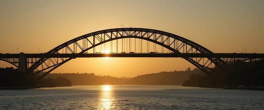 Golden hour's gentle embrace silhouettes a grand arch bridge, as the sun's final kiss dances on tranquil waters below. A serene, almost melancholic calm permeates the air, echoing the day's peaceful end.