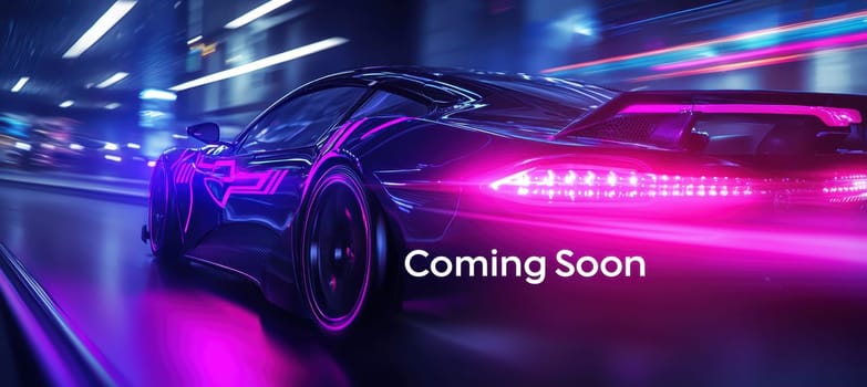 Futuristic electric vehicle launch banner showcasing a sleek car silhouette with vibrant glowing led lights against a modern road setting, ideal for promoting innovative automotive technology and design concepts.