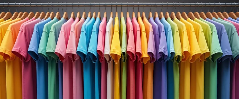 Vibrant t-shirts cascade in a rainbow spectacle, each hue whispering joy and warmth. Hanging like a colorful symphony, they stir a childlike wonder, invoking a playful, cheerful atmosphere.