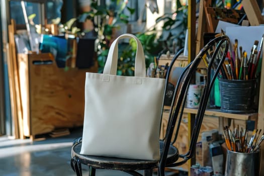 Canvas tote bag on a metal chair amid an artist's studio filled with creative tools like paintbrushes and sketchbooks, a space full of inspiration and artistic expression, set in a well-lit, vibrant environment.