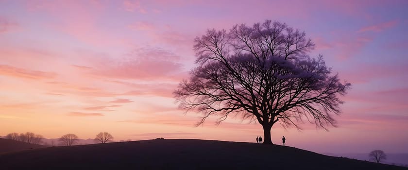 Beneath a cotton-candy sky, a lone tree's silhouette reaches towards twilight's gentle embrace. Whispers of tranquility and solitude dance in the muted breeze, evoking a serene, melancholic stillness. Shadows stretch, as if to touch the fading light, while distant figures echo the silent bond shared between nature and the soul.