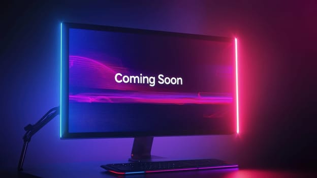 A large monitor features a futuristic, minimalist landing page with glowing "coming soon" typography over a sleek gradient background. the design emphasizes modernity and innovation, ideal for tech-focused promotional materials.