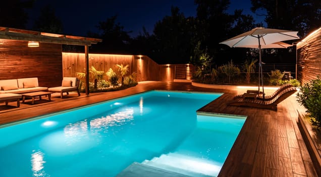 Luxury swimming pool with wooden deck and lounge area at night. Outdoor space with warm lighting and modern design