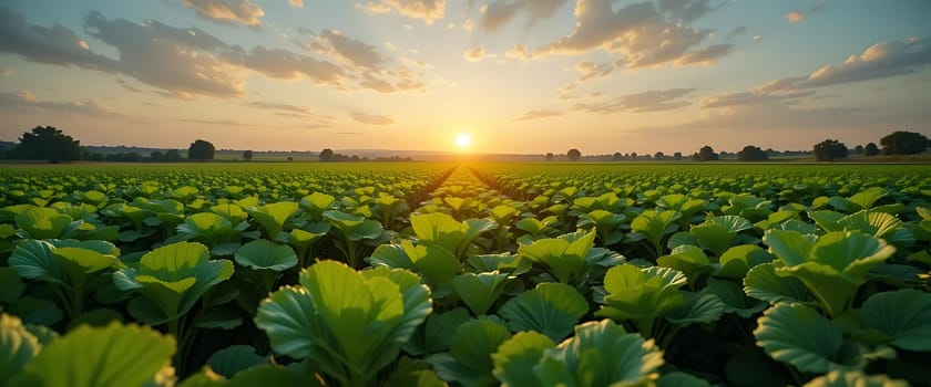 Golden sun kisses the horizon, painting the sky in hues of tranquility. A sea of vibrant greens stretches out, swaying gently in the serene breeze. Hope blooms in every leaf, as nature whispers promises of a peaceful dawn.