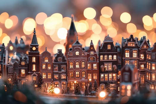 A high-end advent calendar designed as a detailed miniature cityscape, featuring intricately crafted buildings. each window opens to reveal premium gifts. the warm, illuminated holiday background is enhanced with soft bokeh lights creating a festive atmosphere.