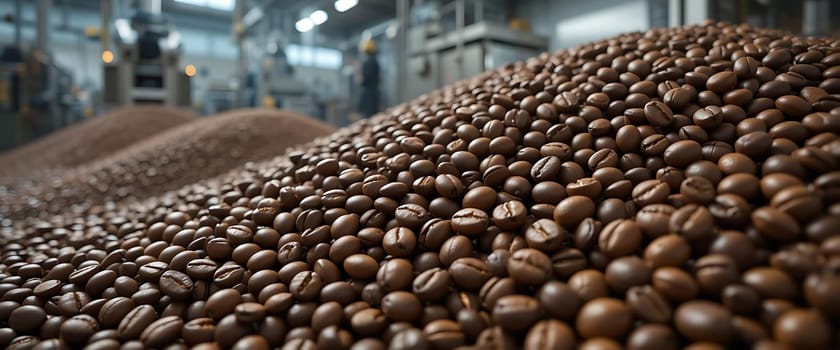 In a sprawling industrial sanctuary, mountains of coffee beans glisten under muted lights, their earthy aroma permeating the air. Each bean whispers of distant lands and early mornings, evoking a comforting warmth amidst the vast, echoing space. The atmosphere is one of quiet industriousness, a dance between nature's bounty and human innovation.
