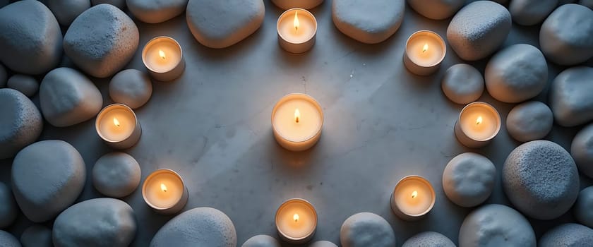 Soft candlelight flickers, casting warm, dancing shadows among cool, smooth stones. A tender haven of serenity and reflection, where whispers of peace and tranquility stir the soul.