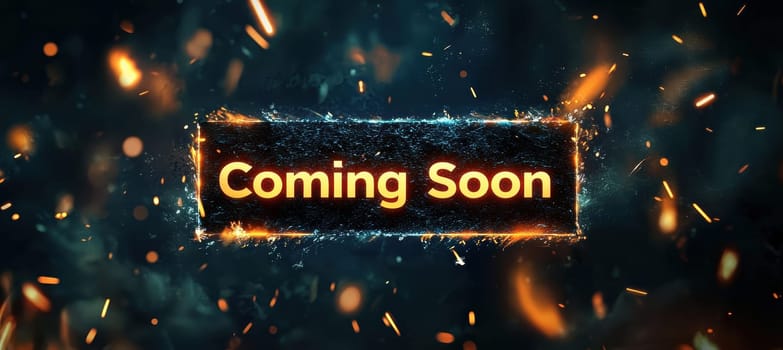 Dramatic "coming soon" banner set against a dark backdrop illuminated by glowing embers and fiery sparks. the bold central text stands out, ideal for announcing upcoming movies or games. perfect for posters, promotional materials, and marketing designs.