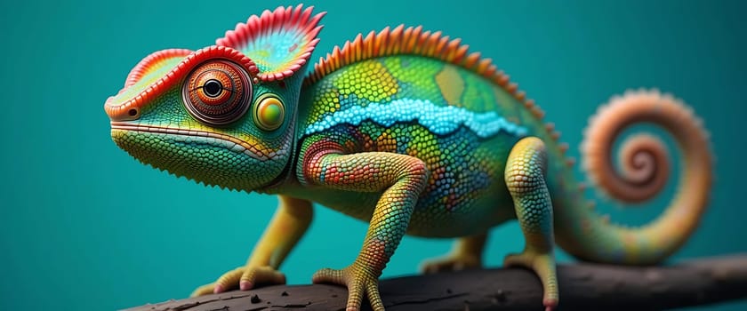 A kaleidoscopic chameleon, its iridescent scales shimmering under a vibrant sky, commands attention with its spiraled tail and curious eyes. Exuding both mystery and charm, it evokes a sense of wonder and awe, as if inviting you to explore its magical world.