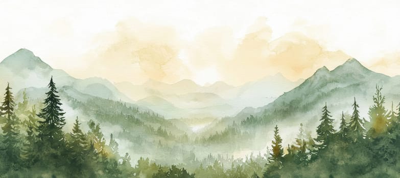 Soft watercolor artwork featuring tranquil mountains and lush trees with misty atmosphere. ideal for creating versatile greeting cards, focusing on sympathy or encouragement, and providing an open center for a personalized message.
