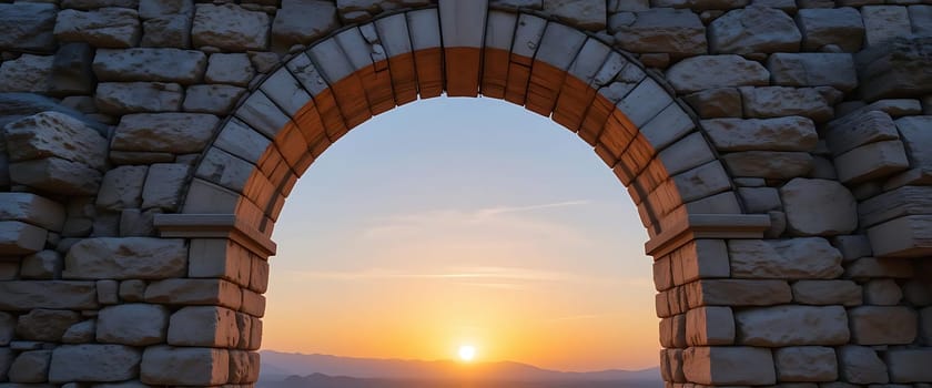 Through an ancient stone arch, the sun sets, painting the sky with warm hues. A serene, timeless moment, where history meets tranquility. Whispers of the past echo as golden light bathes the rugged stones, evoking a sense of peace and nostalgia.
