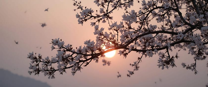 Delicate blossoms frame a tranquil sunset, petals softly cascading in the quiet breeze. Warm hues blend with serene twilight, evoking a sense of peaceful reflection and fleeting beauty.