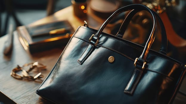 Premium leather tote bag showcased on a polished wooden table, complemented by elegant gold accessories. the composition exudes sophistication, high-end fashion details and a luxurious aesthetic for style-conscious consumers.