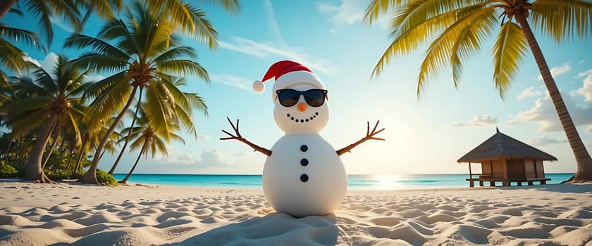 A cheerful snowman, donning sunglasses and a Santa hat, grins on a sun-kissed beach. Palm trees sway gently in the breeze, with turquoise waves lapping softly. Warmth and festive joy mingle in an unexpected tropical Christmas dream.